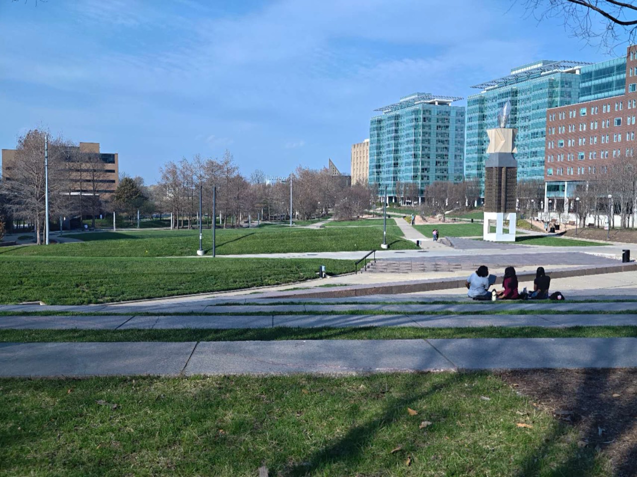 Lawns, terraced seating and paths on the University of Cincinnati campus.